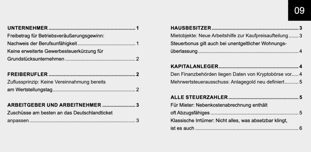 Aktuelles aus Steuern und Wirtschaft September 2023 - Inhaltsverzeichnis